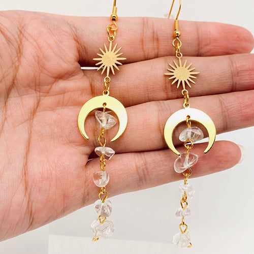 Star Moon Natural Stone Tassel Earrings -