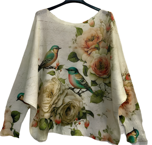 Z749 Beige Birds Art Layering Sweater With Stretch