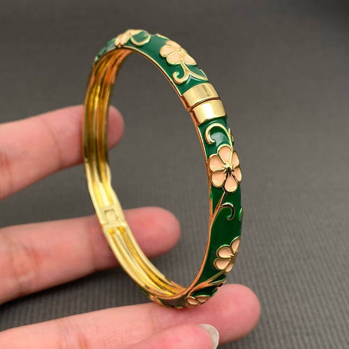 Chinoiserie Enamel Flower 18K Gold Plated Bangle - 65988