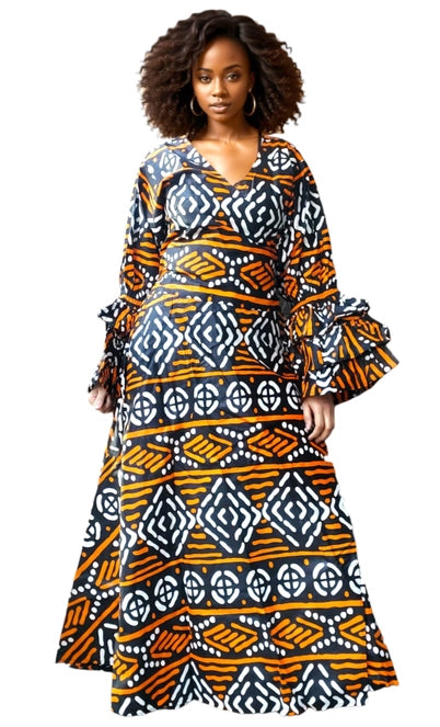 70-Long African Print Wrap Dress- Tribal Print