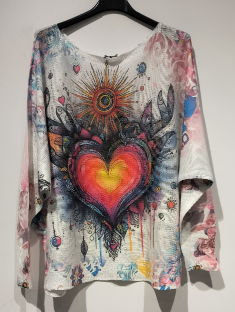 POHR Red Heart Round Neck Knit Printed Sweater