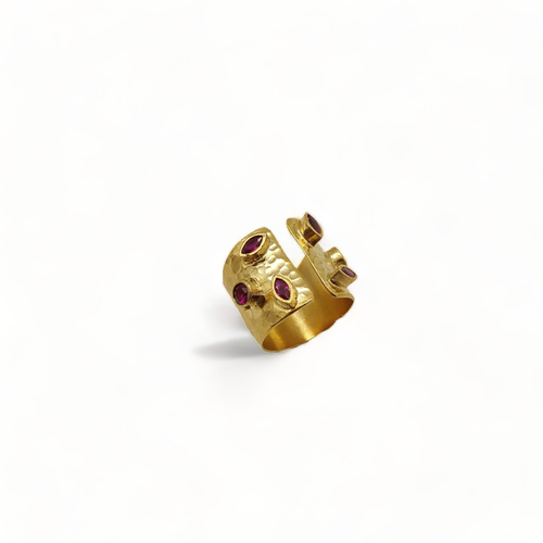 Handmade Hammered Cuff Ring with Ruby CZs - Gold Plated Semi