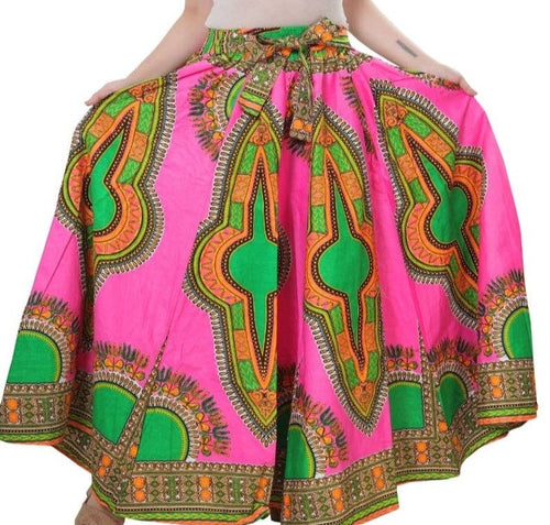 7001 Wax Dye Skirt- Pink/Green Dashiki