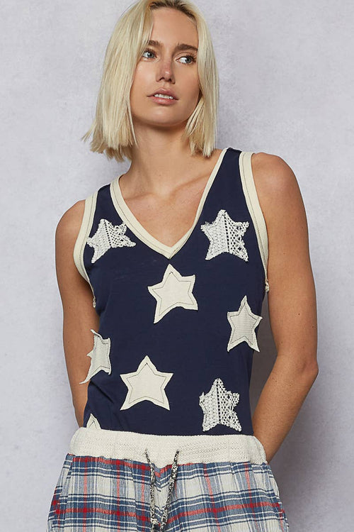 V-neck Sleeveless Star Patches Top UKT286 Top
