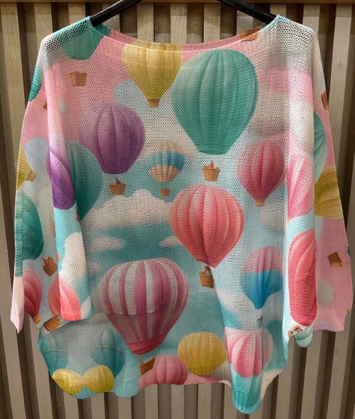 EUBAL Pink Hot Balloon Round Neck Knit Printed Sweater