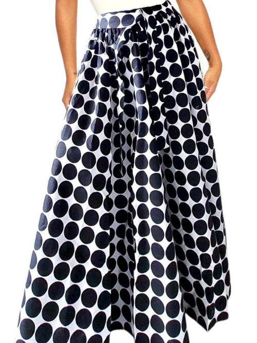 7001 Long Maxi Skirt-White / Black Polkadot