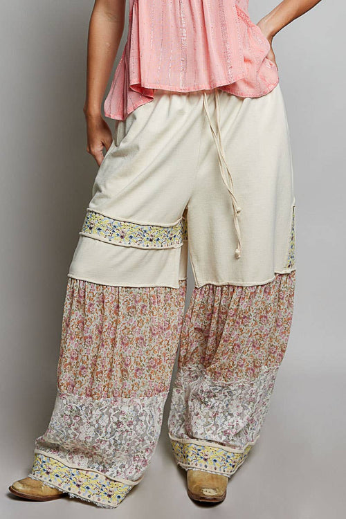 Floral Embroidered Print Patch Ruffle Elastic Band Pants UWP150