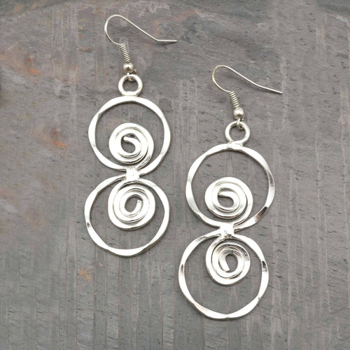 Silver Plated Earrings - Two Circles With Spirals