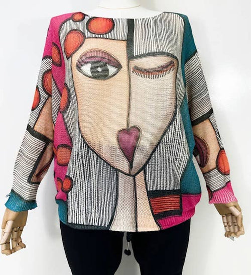 ZPS6  Pink Teal " Picasso" Printed Sweater LOOWIE