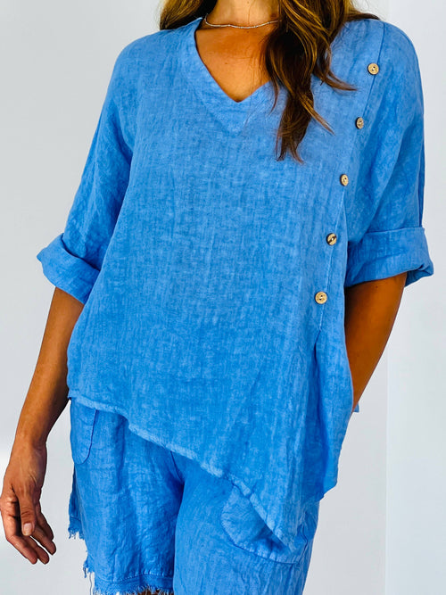 39355 100% Linen Side Button Blouse