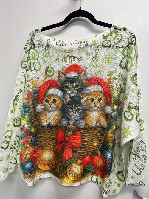 VICC White Cats Christmas Knit Printed Sweater