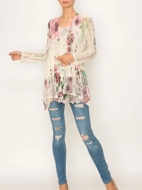 407-493 LACE CARDIGAN Bg/Big Rose