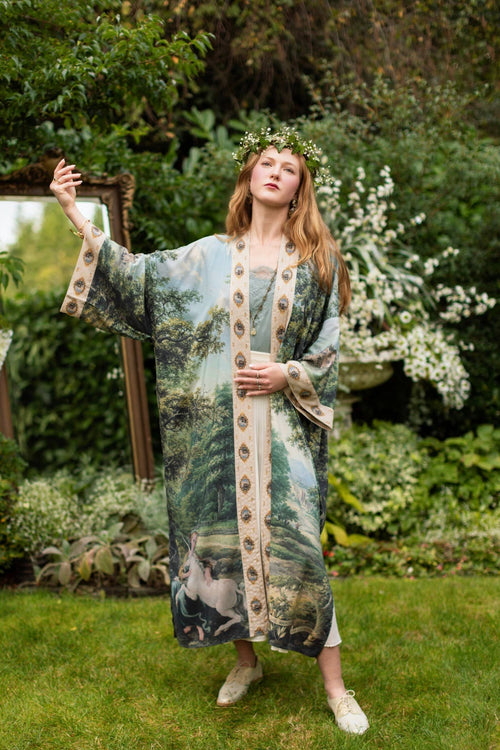 The Mythmaker Opera Duster w/ pastoral landscape & unicorn