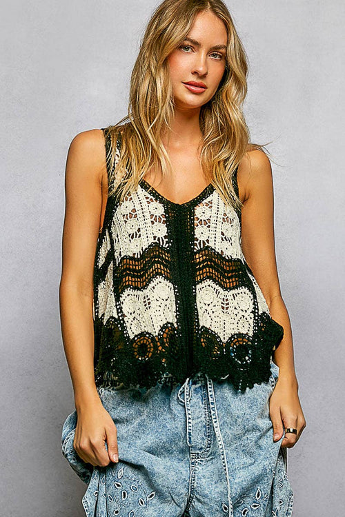 SMC255 Border Weave Scalloped Crochet V-Neck Tank Top