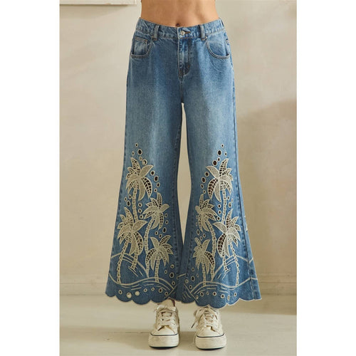 Palm Tree Cut Out Denim Pants