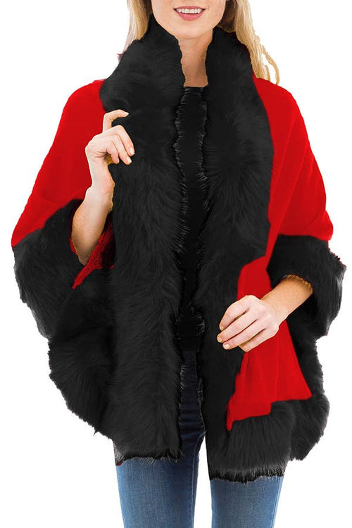 Solid Color Lux Faux Fur Trim Open Silhouette Cape Poncho