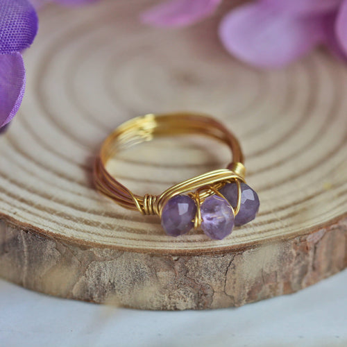 Beaded & Wire Wrapped Gem Ring - Gold-tone Wire