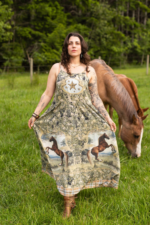 Born To Run Bohéme Long Maxi Slip Dress w/ Horse & Plaid