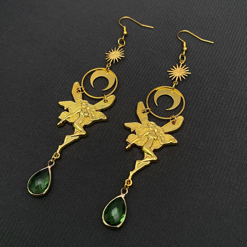Green Crystal Elf & Moon Charm Gold Plated Earrings