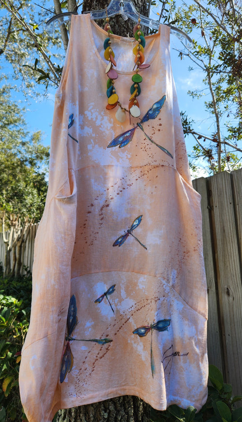 Painted Linen Tank Dress - Dragonflies