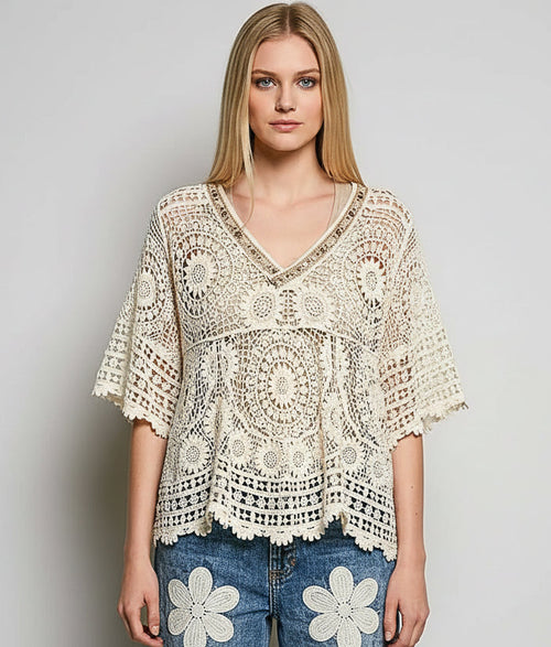 3/4 Sleeve V-Neck Crochet Top SMC197