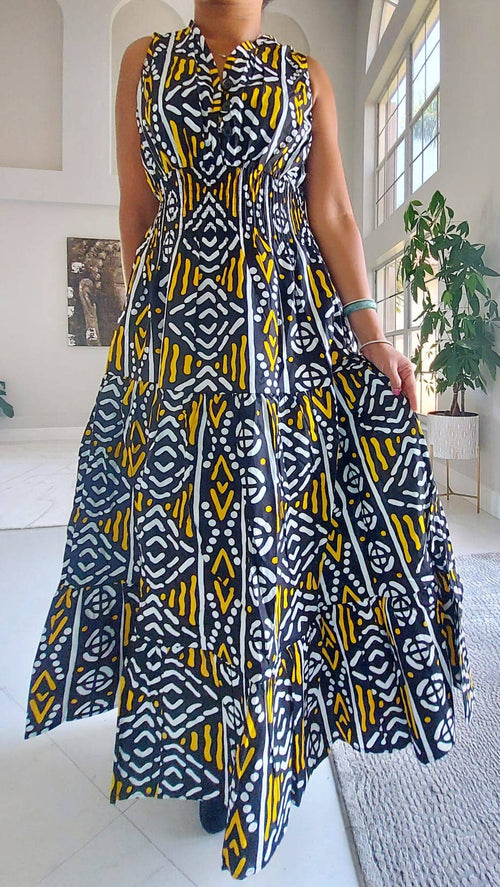 3028L Yellow & Black Long Wax Dye Smocked Dress