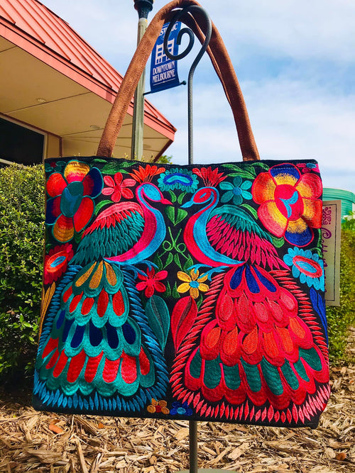 Large Peacock Bird Embroidered Ally Tote Bag