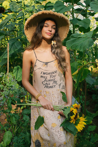here she comes walking in cotton dress Milk & Honey Bohéme Slip Dress with Bees and Sunflowers – Cottonways