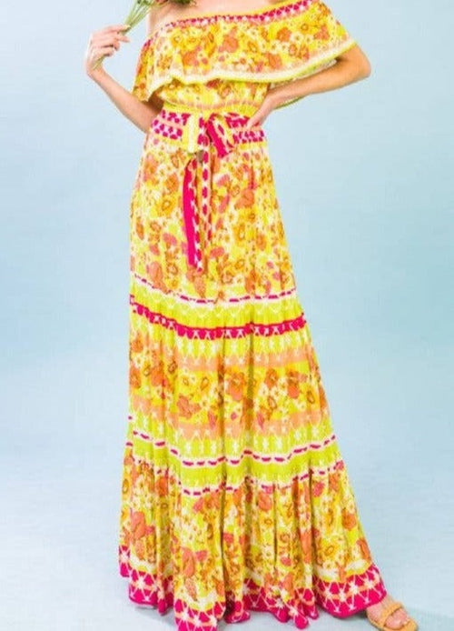 Yellow & Pink Off-Shoulder Floral Print Maxi Dress