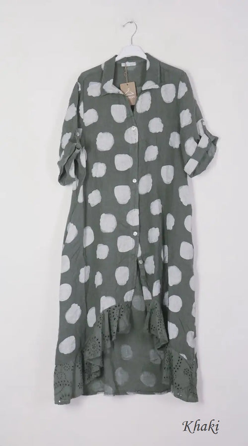 71582 Artsy Dots Long Linen Button Dress Sale