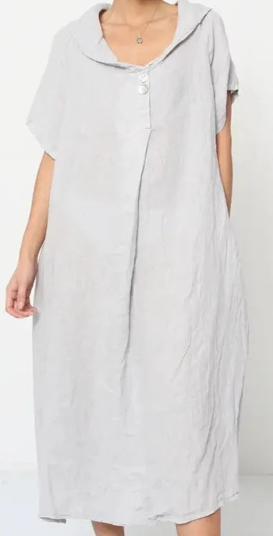 2222 Lapel Linen Dress With Button Detail