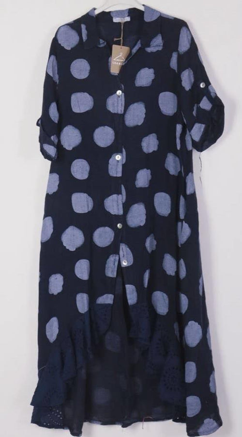 71582 Artsy Dots Long Linen Button Dress