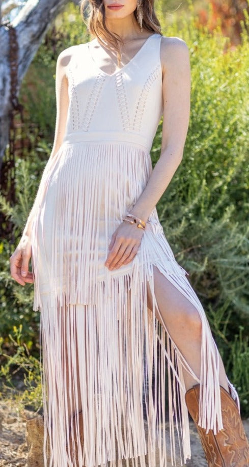 Southern Fringe Suede Dress Ivory