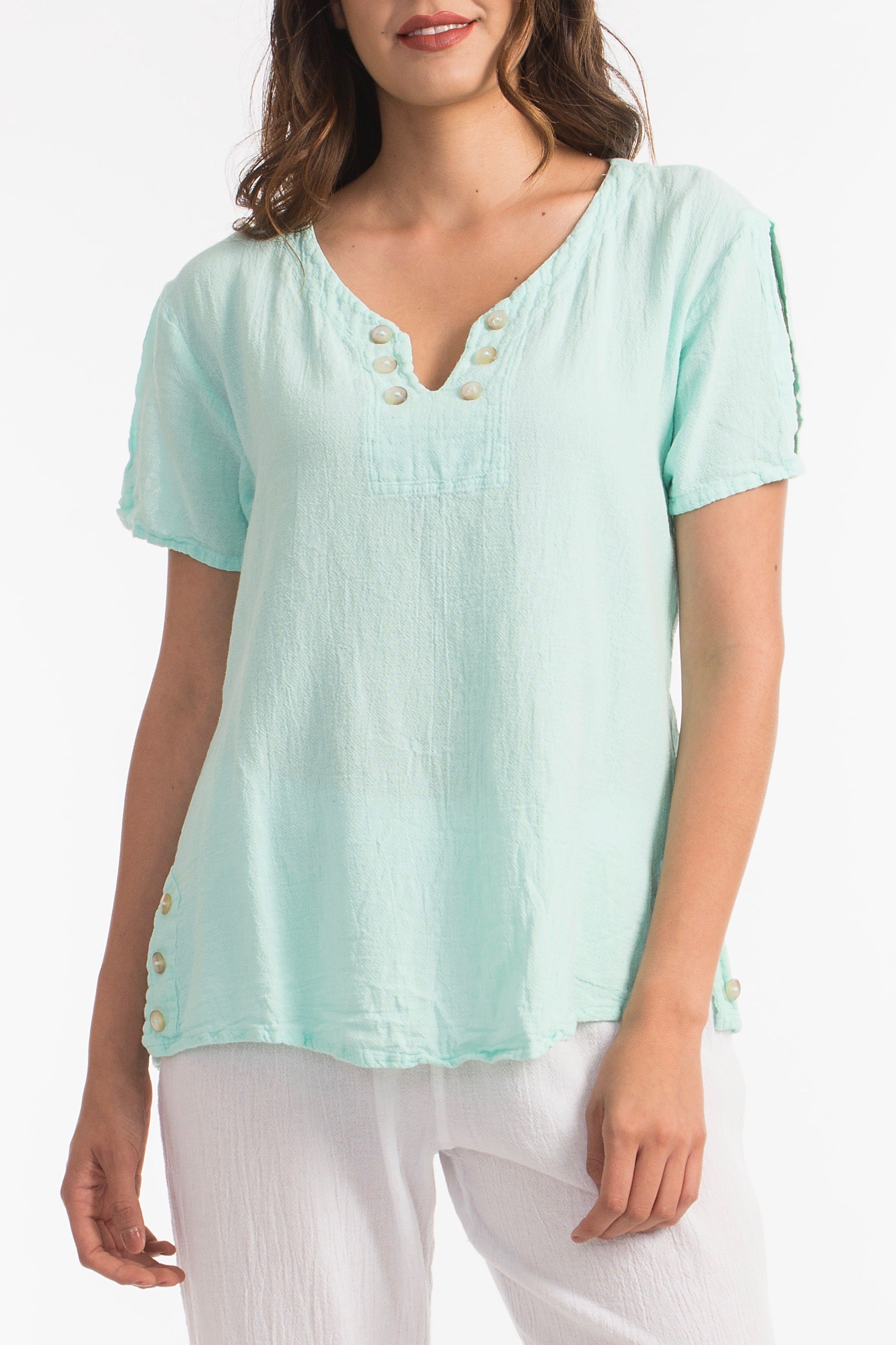 Lauren Top- Scoop Bottom with Button Details 100% Cotton Gauze Sale Colors
