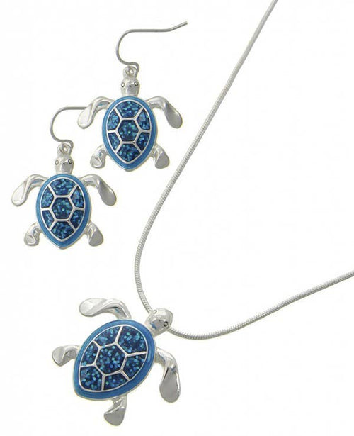 Abalone and Glitter Turtle Necklace & Earrings Set