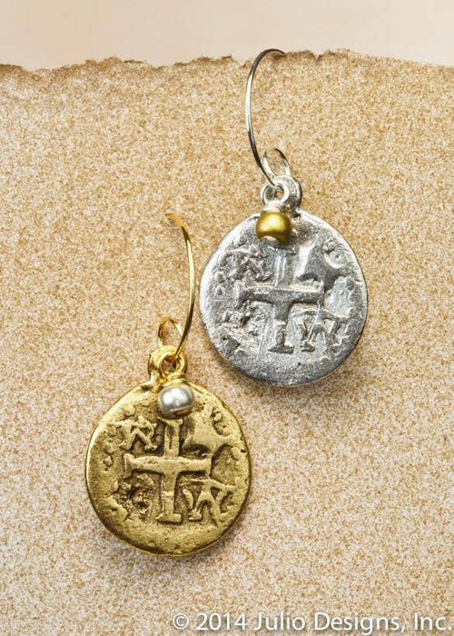 Gold or Silver Coin Cross Metallic Earrings